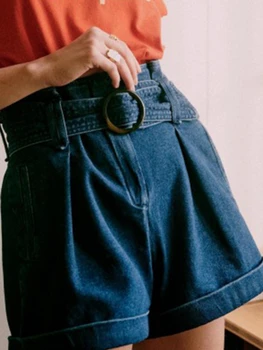 Женские шорты 2023 Летние Новые хлопковые складки на поясе Синие джинсовые шорты Повседневные брюки
