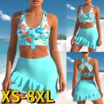 Женское винтажное бикини, пляжная одежда, Летние купальники, комплект из двух предметов с высокой талией, банный костюм, купальник в полоску с цветочным принтом XS-8XL