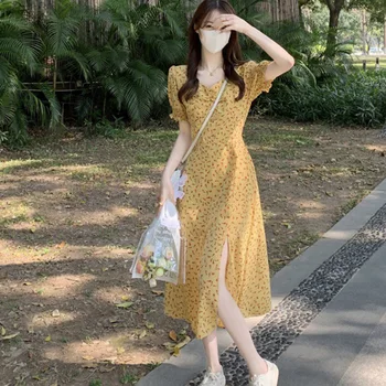Женское летнее Корейское модное шифоновое платье средней длины с цветочным рисунком и короткими рукавами для вечеринки, выпускного вечера, пляжных платьев в стиле бохо