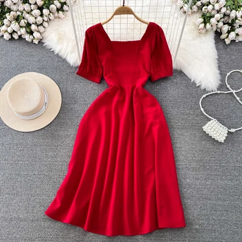 Женское платье во французском стиле Хепберн, женское платье с коротким рукавом и квадратным воротником, облегающее талию, женское красное платье трапециевидной формы. платье