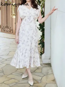 Женское платье-туника с цветочным принтом, платье-труба, Летние платья с V-образным вырезом и коротким рукавом, Женское платье Fresh Robe Femme в Японии