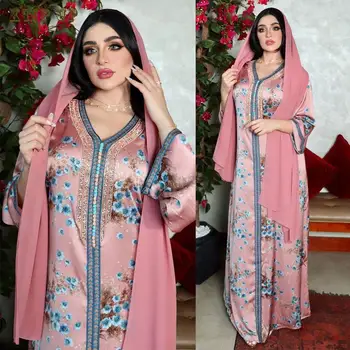 Кафтан Марокканский Весна И Осень Новый Розовый Горячий Бриллиант Ближневосточное Мусульманское Модное Платье С Принтом Исламский Джилбаб Femme Musulman