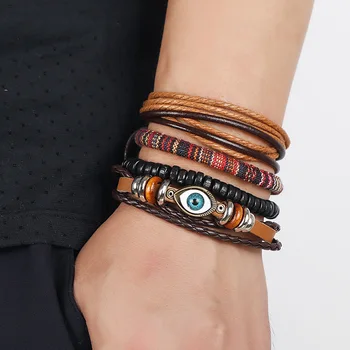 Комбинированный многослойный мужской браслет из четырех частей, браслет из воловьей кожи, плетеный браслет в стиле ретро, украшения в стиле бохо