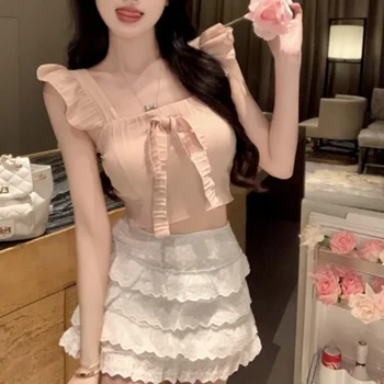 Комплект из двух предметов Lolita Kawaii, Женская кружевная Винтажная милая мини-юбка, Женский модный юбочный костюм с летящим рукавом в Корейском стиле, Лето 2023 г.
