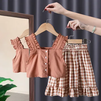 Комплект одежды для маленьких девочек Топ для маленьких девочек + юбки в клетку, платья для маленьких девочек, наряды для девочек, детская одежда для девочек
