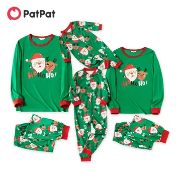 Комплекты зеленых семейных пижам с длинными рукавами и принтом Санта-Клауса и северного оленя PatPat (огнестойкие)