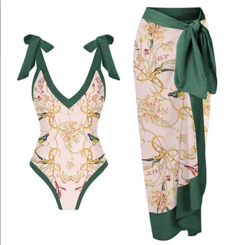 Комплекты купальников из двух частей, женское летнее бикини с принтом 2023 + шифоновая длинная юбка, комплекты из 2 предметов, корейские купальники, пляжный купальник бикини