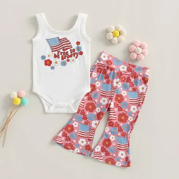 Комплекты одежды для новорожденных девочек FOCUSNORM 0-24 м, 2шт. Комбинезон без рукавов с буквенным принтом, расклешенные брюки с цветочным флагом на День Независимости