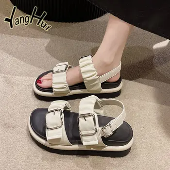 Корейская версия, Удобные простые сандалии с нескользящей толстой подошвой, модные повседневные универсальные однотонные женские туфли, летние