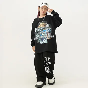 Костюмы для уличных танцев в стиле хип-хоп для девочек, жилет с принтом в стиле пэчворк, футболка с длинным рукавом и круглым вырезом, черные брюки, 3 предмета сценической одежды Kpop