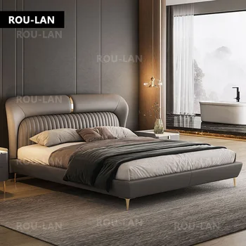 Легкая кожаная кровать Роскошная современная минималистичная двуспальная кровать в главной спальне с мягкой обивкой, минималистичный дизайн, высококачественная свадебная кровать
