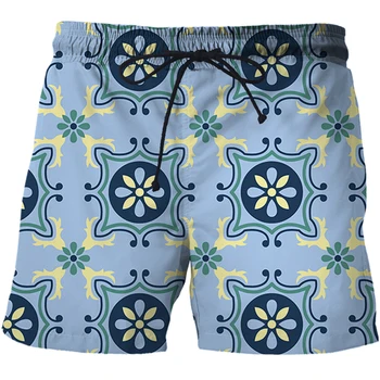 Летние мужские пляжные брюки в повседневном стиле с геометрическим 3D принтом, Короткие мужские цветные плавки, Модные повседневные шорты для серфинга