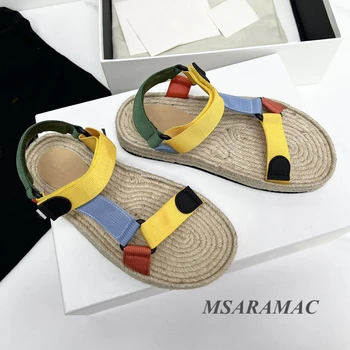 Летние разноцветные пляжные сандалии на плоской подошве, сплетенные из пеньковой веревки, Мужские и женские Римские сандалии