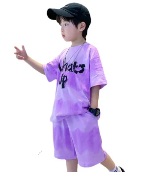 летний детский комплект, Спортивный костюм с галстуком-красителем для мальчиков, Корейская модная одежда, Толстовка, Детская Спортивная одежда, Детские футболки с принтом, одежда для мальчиков 10 лет