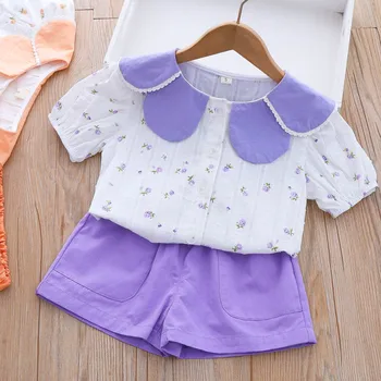 Летний комплект с короткими рукавами для девочек 2023 года, кружевная рубашка с кукольным воротником, повседневные шорты, комплект из двух предметов одежды
