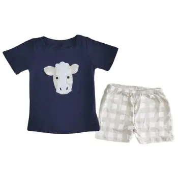 Летняя одежда для маленьких мальчиков, темно-синяя рубашка с вышивкой в виде коровы, клетчатые шорты, Детский оптовый бутик, детский комплект одежды, повседневная одежда