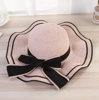 Летняя широкополая шляпа С волнистыми краями и бантом, соломенная шляпа для женщин на пляже, Затеняющая Широкополая шляпа