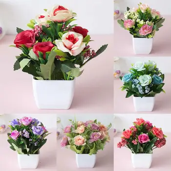 Многоцветный цветок розы, искусственное растение в горшке, искусственный бонсай, искусственный цветок в горшке, украшение домашнего сада, офисного стола, комнаты