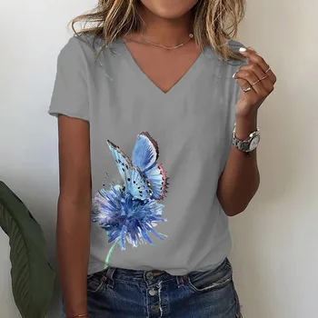 Модная женская футболка с V-образным вырезом и цветочным принтом бабочки, женские топы в стиле харадзюку с коротким рукавом, женская футболка оверсайз, женская одежда