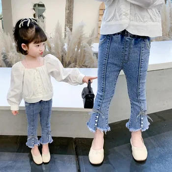 Модные джинсовые брюки-стрейч с разрезом для девочек 2023, Корейская версия джинсов, детские расклешенные джинсовые брюки, весенняя и осенняя детская одежда из джинсов