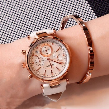 Модный бренд Guou Real 3 Eyes из водонепроницаемой кожи или розового золота, наручные часы с аналоговым календарем, наручные часы для женщин и девочек