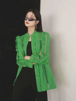 Модный дизайн, открытая блузка, Женская Весенне-летняя корейская рубашка с длинным рукавом-фонариком И оборками, Женские топы, Свободные INKEO 3T063