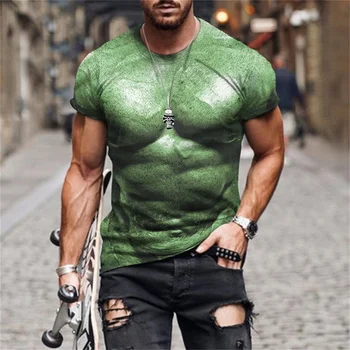Мужская летняя повседневная футболка с круглым вырезом и коротким рукавом, 3D имитация мускульного принта, ретро-тату, негабаритная Свободная уличная мода