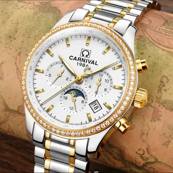 Мужские механические наручные часы бренда CARNIVAL, роскошные автоматические часы для мужчин, светящиеся часы фазы Луны, 30-метровые водонепроницаемые Reloj Hombre