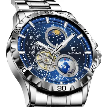 Мужские наручные часы GLENAW Rotating Earth с двойной секундной стрелкой, автоматические механические часы, Звездное небо, кожаный ремешок из нержавеющей стали