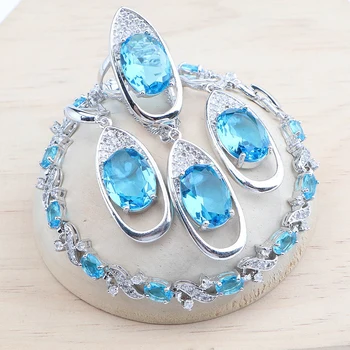 Наборы ювелирных изделий из серебра 925 Пробы, женские свадебные серьги с синим цирконом, Кольца, Браслеты, ожерелье