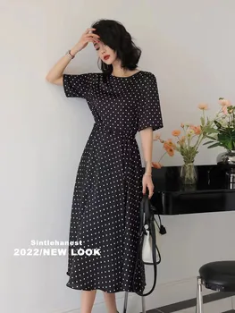 Новая женская одежда весны и лета 2022 года, черное платье для чаепития в горошек 0223