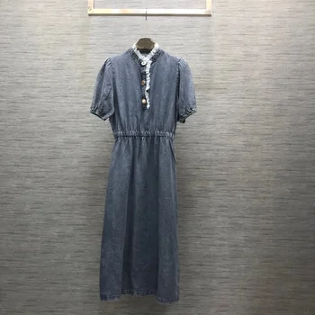 Новое длинное платье из денима tencel с кружевной отстрочкой на талии весной и летом 2023 года 0304