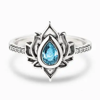 Новое модное элегантное кольцо с цветком Лотоса, модные кислотно-синие кольца с кристаллами в виде капель воды для женщин, ювелирные изделия из белого золота, подарки для вечеринок