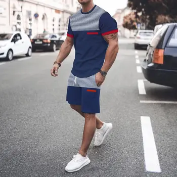 Новый мужской летний спортивный костюм, модные футболки с 3D-печатью в минималистичную полоску, мужская спортивная одежда, повседневная уличная мужская одежда