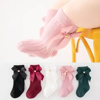 Носки для малышей с большим бантом, осень-Зима, детские носки-трубки для девочек, детские носки-полоски из чесаного хлопка в испанском стиле