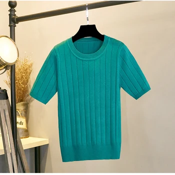 Однотонный Вязаный Женский свитер с круглым вырезом и коротким рукавом, Базовый Повседневный пуловер 2022, Весенне-летние Корейские модные топы