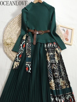 Осенне-зимние платья с принтом OCEANLOVE, женские платья в стиле пэчворк, Элегантные Плиссированные платья трапециевидной формы в Корейском стиле с высокой талией, женское платье-халат.
