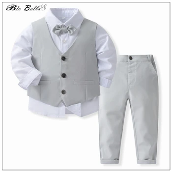 Осенняя одежда для мальчиков, костюм официального джентльмена для детей 1-5 лет, детская одежда, футболка с длинными рукавами, брюки, жилет, свадебные новогодние наряды