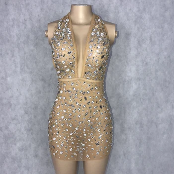 Платье с блестящими стразами, блестящие серебряные кристаллы, Прозрачное платье для танцовщицы, наряд для празднования Дня рождения, женское вечернее платье XS6066