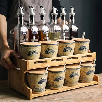 Подставка для приправ Бутылка для масла чайник банка для соли Коробка для приправ Набор кухонных принадлежностей для дома Стеклянная комбинация стеллажей для кухонных принадлежностей