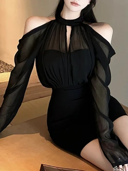 Полупрозрачное элегантное Женское короткое платье, сексуальные однотонные платья из шифона с длинным рукавом 2023, весенне-летняя Корейская модная одежда