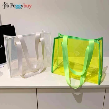 Прозрачная женская сумка из ПВХ большой емкости, прозрачная сумка через плечо, повседневная водонепроницаемая сумка для покупок, простая сумка-тоут большой емкости