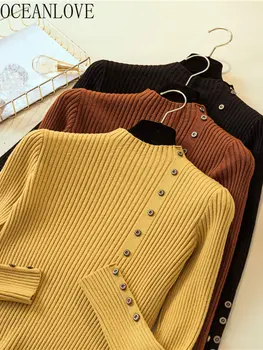 Пуговицы OCEANLOVE, однотонные женские свитера с полувысоким воротником, универсальные Тонкие базовые пуловеры осень-зима, повседневные пуловеры Pull Femme