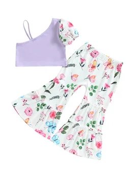 Расклешенные штаны, наряд для малышей, Летняя одежда для маленьких девочек, Пуловер в стиле пэчворк, футболка, топ, расклешенные брюки с цветочным рисунком, от 1 до 6 лет