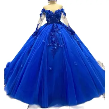 Роскошное Высококачественное бальное платье Королевского синего цвета с пышными платьями и 3D цветочной аппликацией для Дня рождения принцессы, Выпускного вечера, Vestidos De 15 Anos