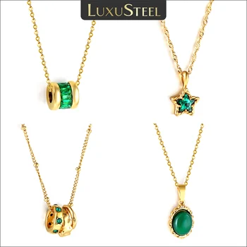 Роскошное ожерелье с зеленым кристаллом циркона LUXUSTEEL для женщин, Вращающееся кольцо с каплей воды из нержавеющей стали, шарм в виде звезд, Роскошная ключица