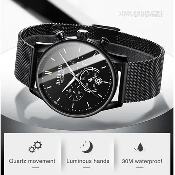 Роскошные Мужские часы известного бренда BELUSHI Мужские часы Черные Часы Ультратонкий Миланский ремень Кварцевые Мужские наручные часы из нержавеющей стали 2020