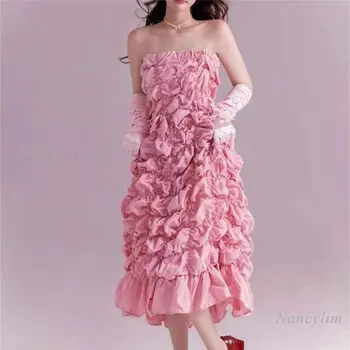 Сверхпрочное плиссированное платье без бретелек, женское весеннее платье принцессы, розовые длинные платья миди, день рождения, Vestidos 2023