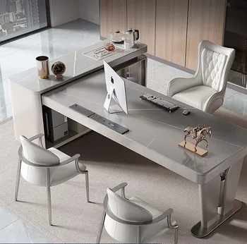 Светлый роскошный письменный стол, чайный столик, компьютерный стол двойного назначения, итальянский кабинет, высококлассный босс, современный простой письменный стол из каменной доски