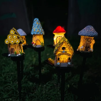 Светодиодный солнечный светильник для лужайки, миниатюрный Сказочный домик, уличный декор на солнечных батареях, светодиодный садовый светильник, Рождественский светильник для коттеджа из смолы.